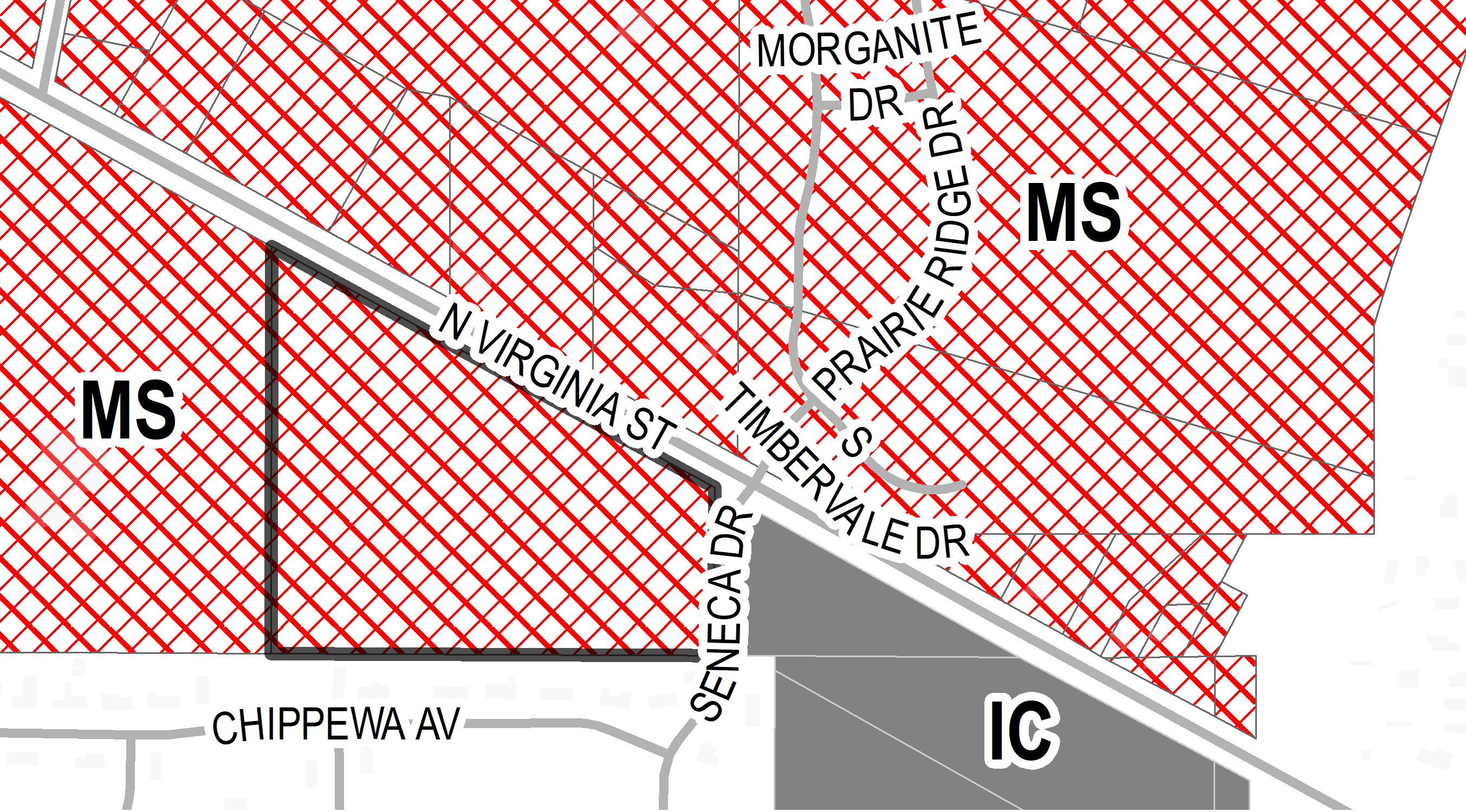 Map of project boundary with street names and zoning designations